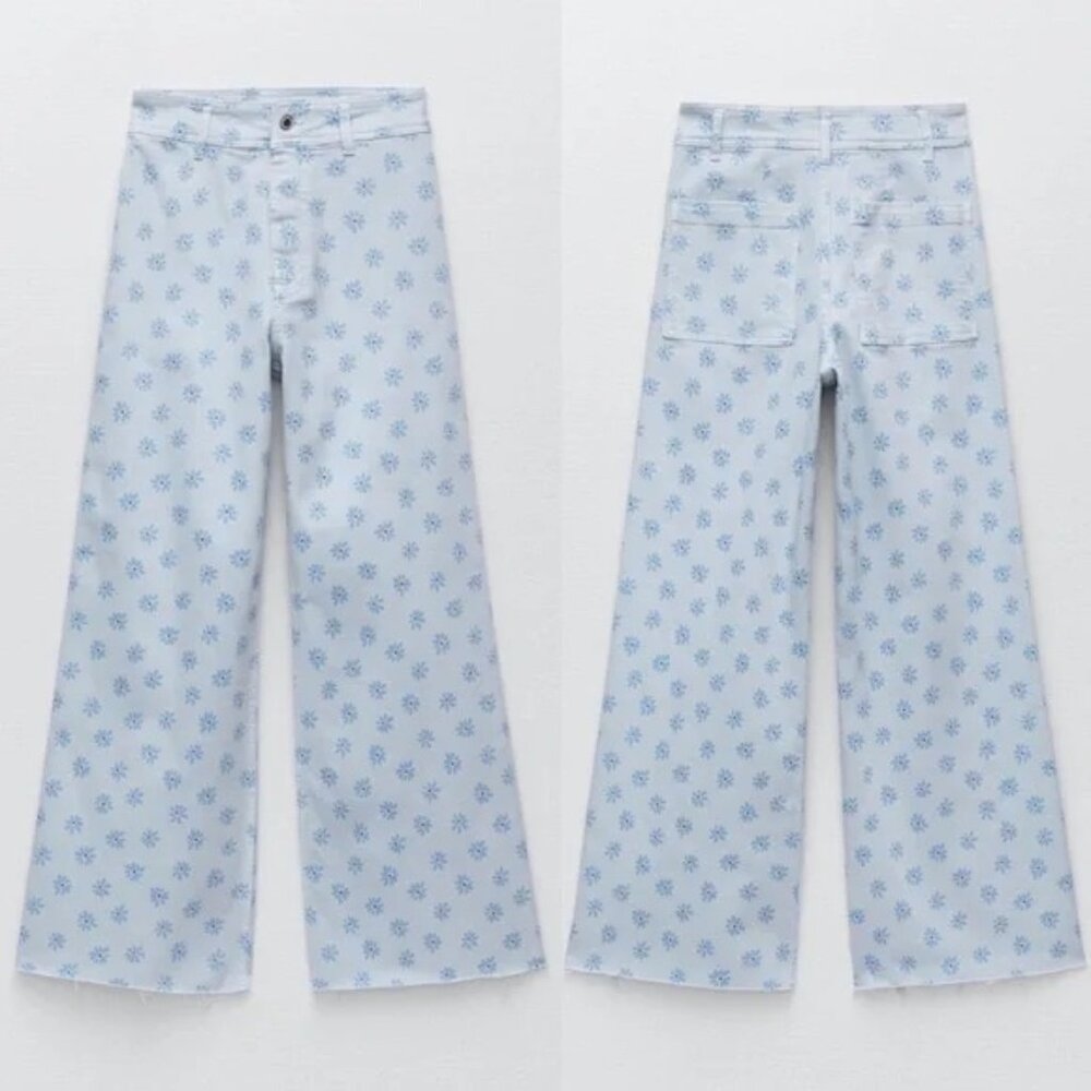 Zara Marine Straight Leg Pants - Daisy Floral Light Blue